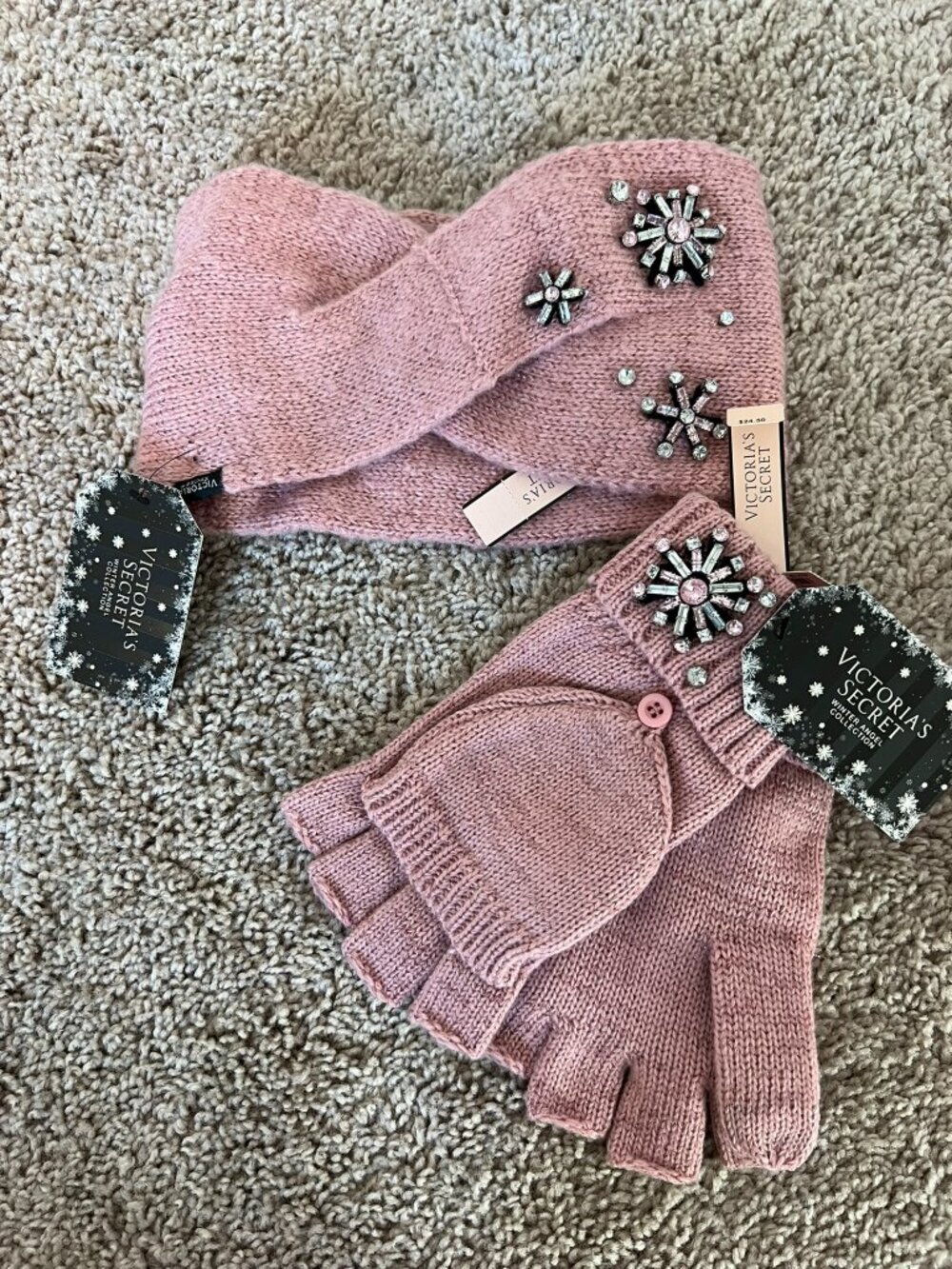 Victoria's Secret Winter Angel Convertible Mitten Gloves Women's Pink Knitted